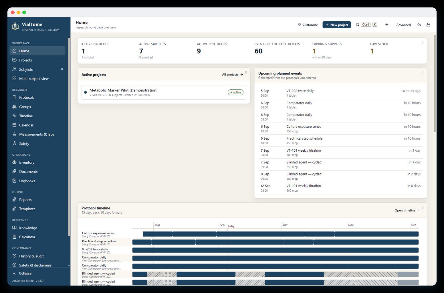 The VialTome home dashboard showing active projects, upcoming planned events and a protocol timeline